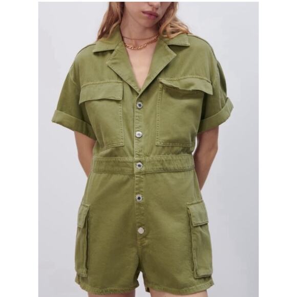 Zara Utility Romper Womens Green‎ XS 100% Cotton Half Sleeve Button Up Pockets - Picture 1 of 14